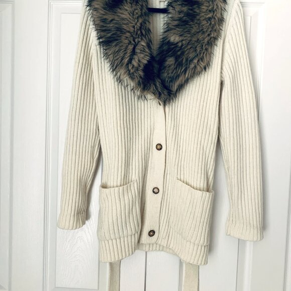Designer Ribbed Knit Cardigan w/ Detachable Faux Fur Collar & Belt Sz L - Picture 5 of 12